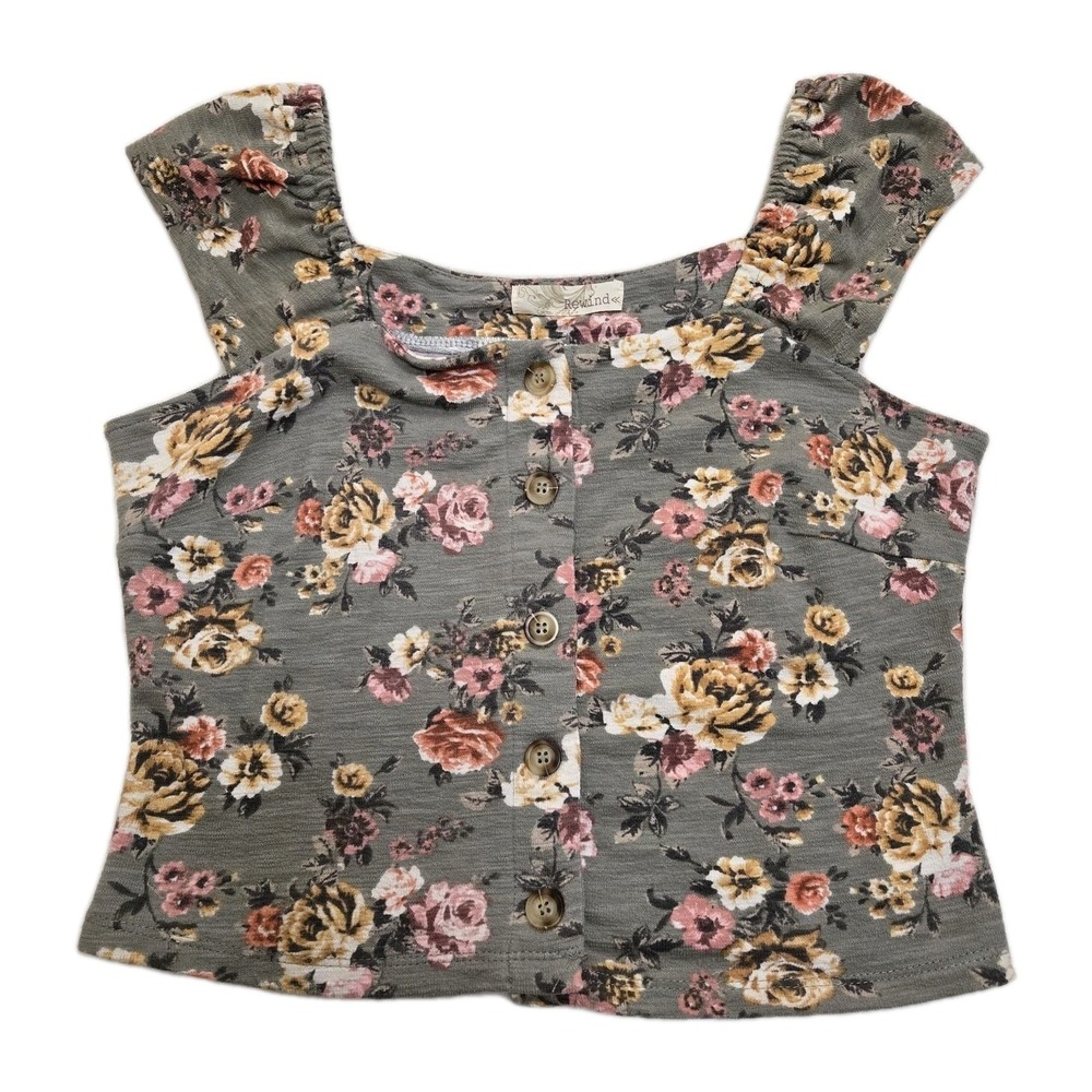 Rewind Button Down Crop Top Sleeveless Sage Green Floral Boho Button Front Large